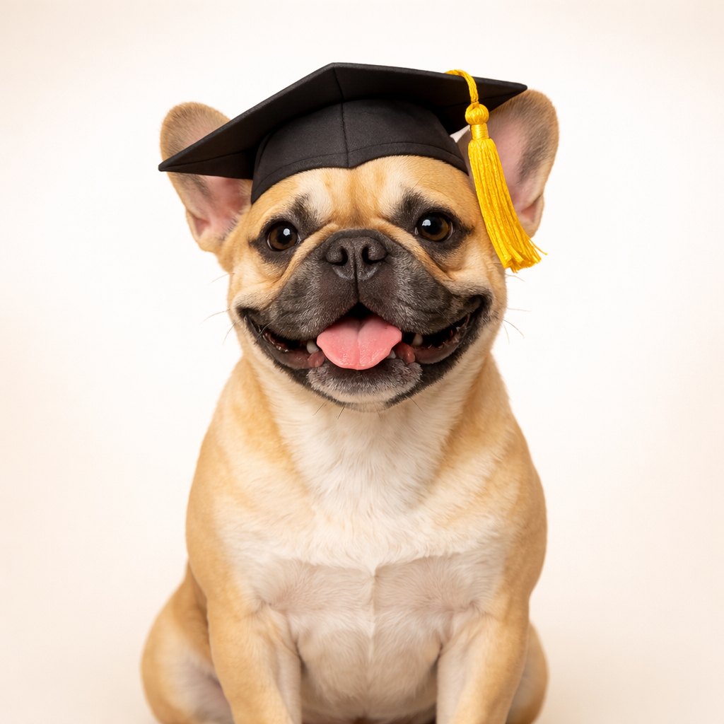 Cute fawn French Bulldog wearing a graduation cap — Frenchie Trivia mascot